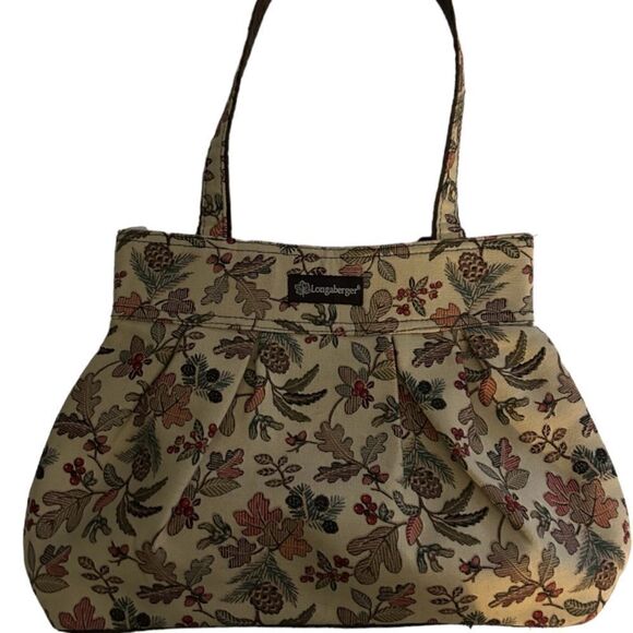Longaberger Autumn Path Cream Brown Fall Print Small Gathered Bag - Picture 1 of 6